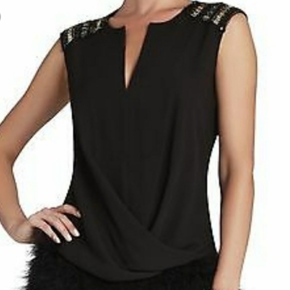 BCBGMaxAzria Black GISELE top w/ beaded shoulder - Picture 1 of 7